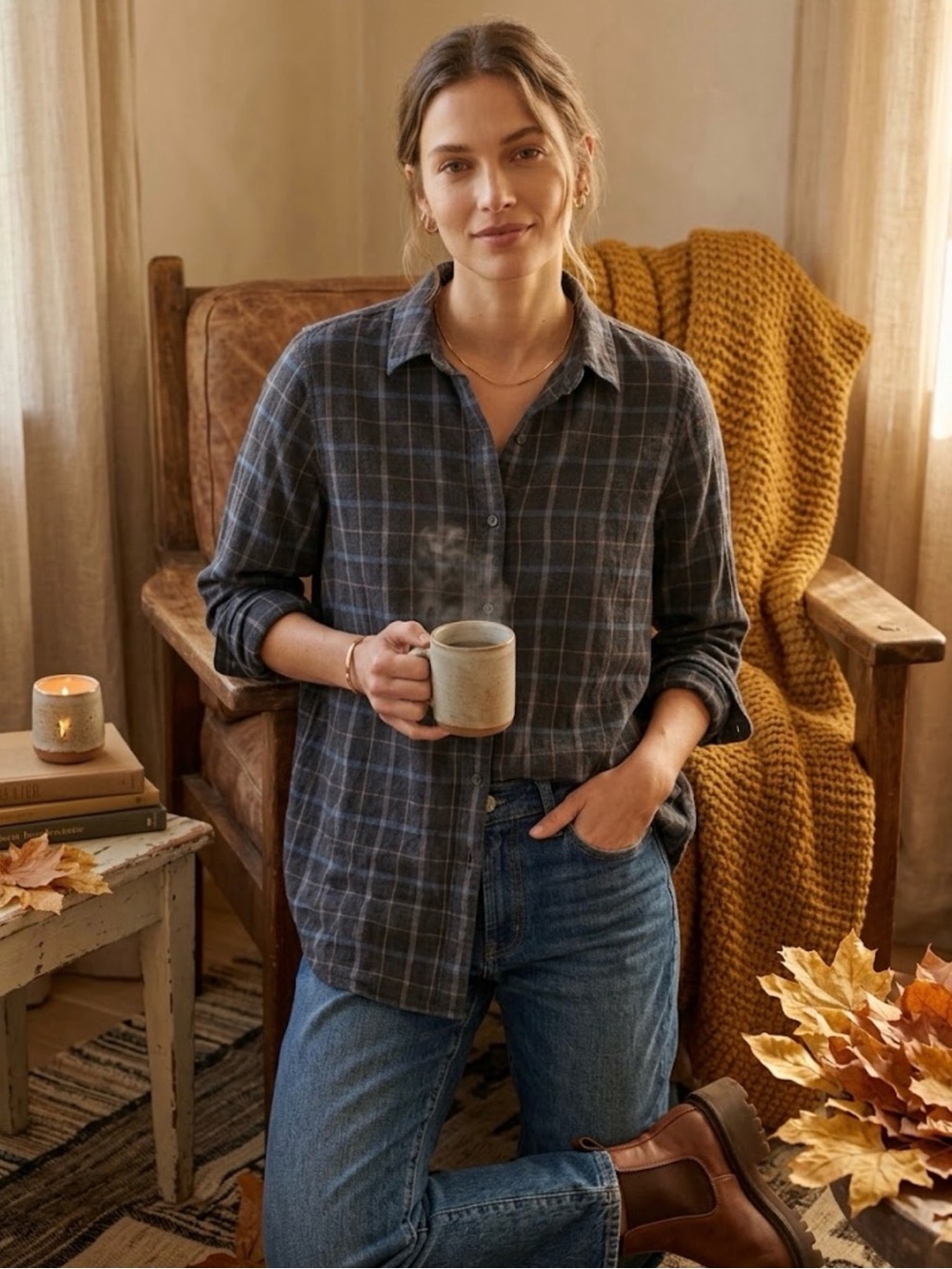 Jenni Kayne Boyfriend Flannel Shirt  Plaid Fall Quiet Luxury Sz M